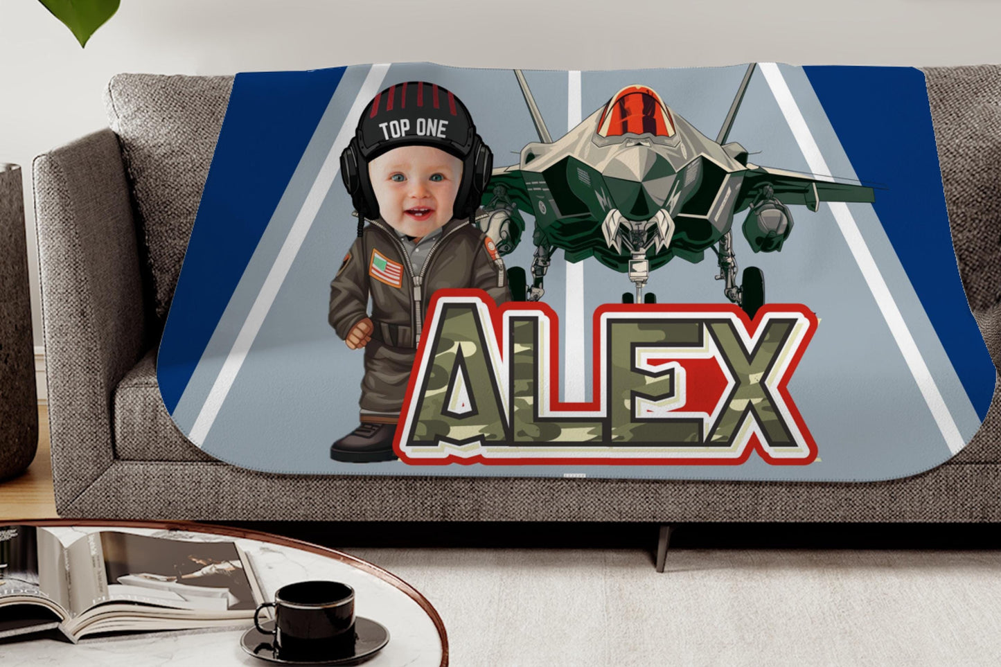 Sherpa Throw Blanket - Baby Pilot with Fighter Jet Personalized Custom Face and Name - Soft Plush Throw Blanket-Jacobson Cottage