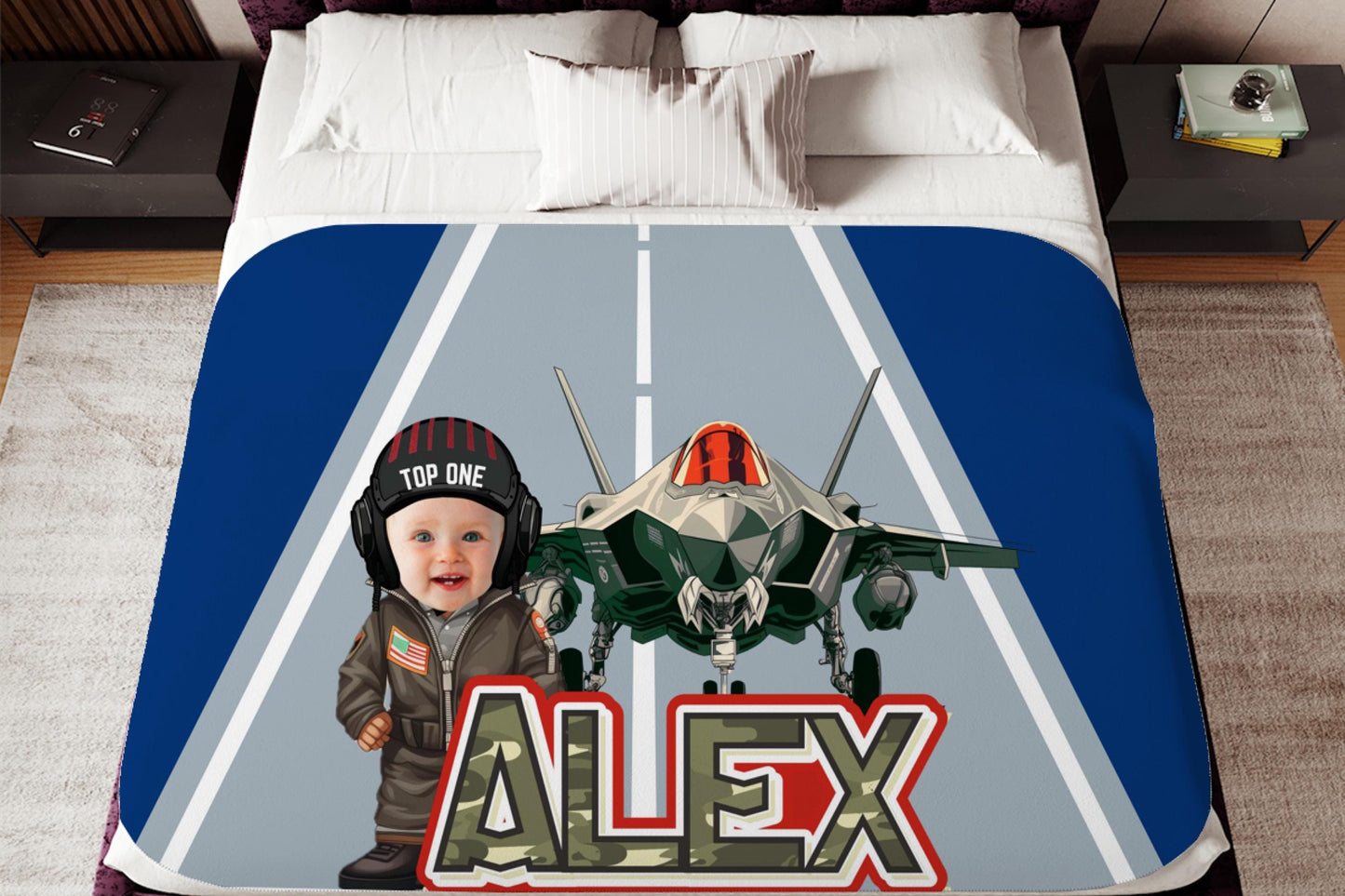 Sherpa Throw Blanket - Baby Pilot with Fighter Jet Personalized Custom Face and Name - Soft Plush Throw Blanket-Jacobson Cottage