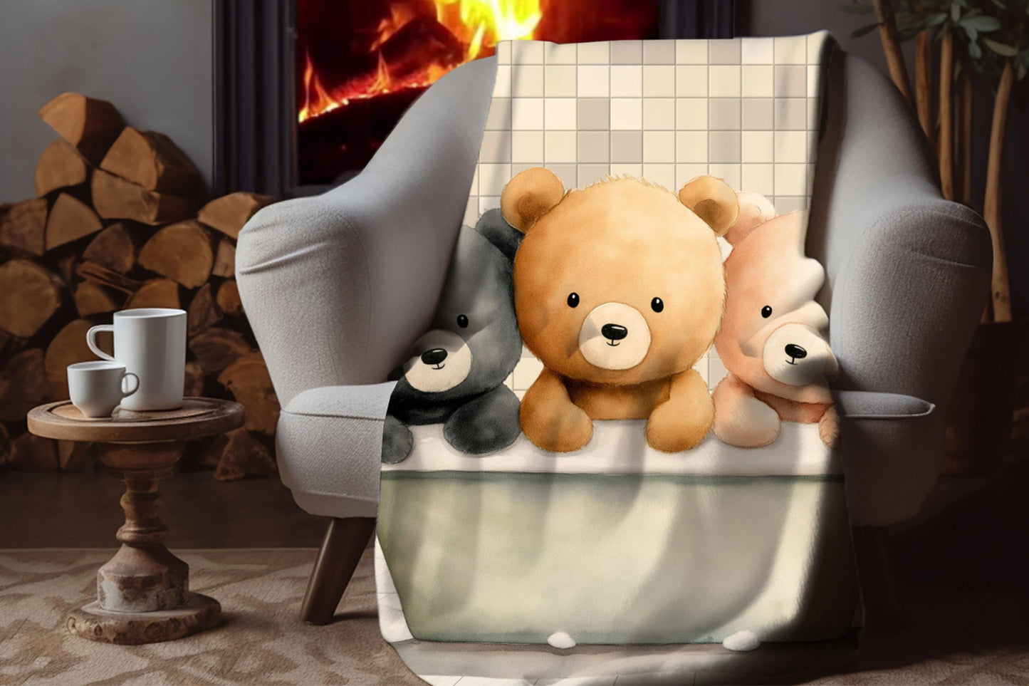 Sherpa Throw Blanket - Teddy Bears in Bath - Soft Plush Throw Blanket-Jacobson Cottage
