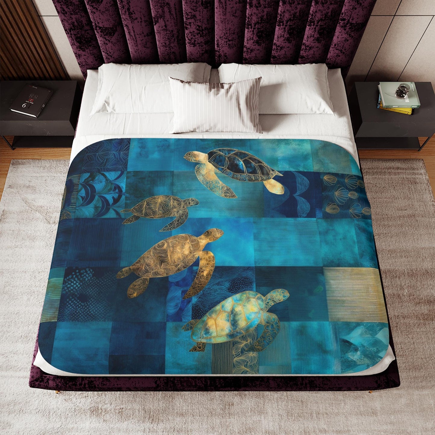 Sherpa Throw Blanket - Nautical Teal and Blues Sea Turtles patchwork design - Soft Plush Throw Blanket-Jacobson Cottage