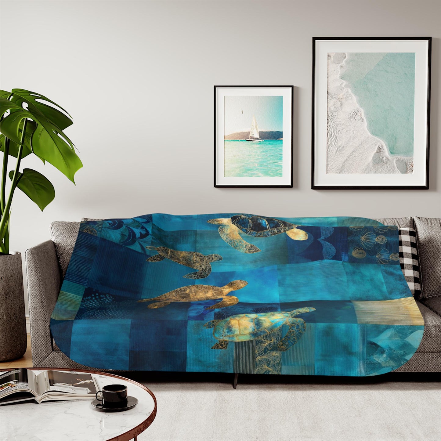 Sherpa Throw Blanket - Nautical Teal and Blues Sea Turtles patchwork design - Soft Plush Throw Blanket-Jacobson Cottage