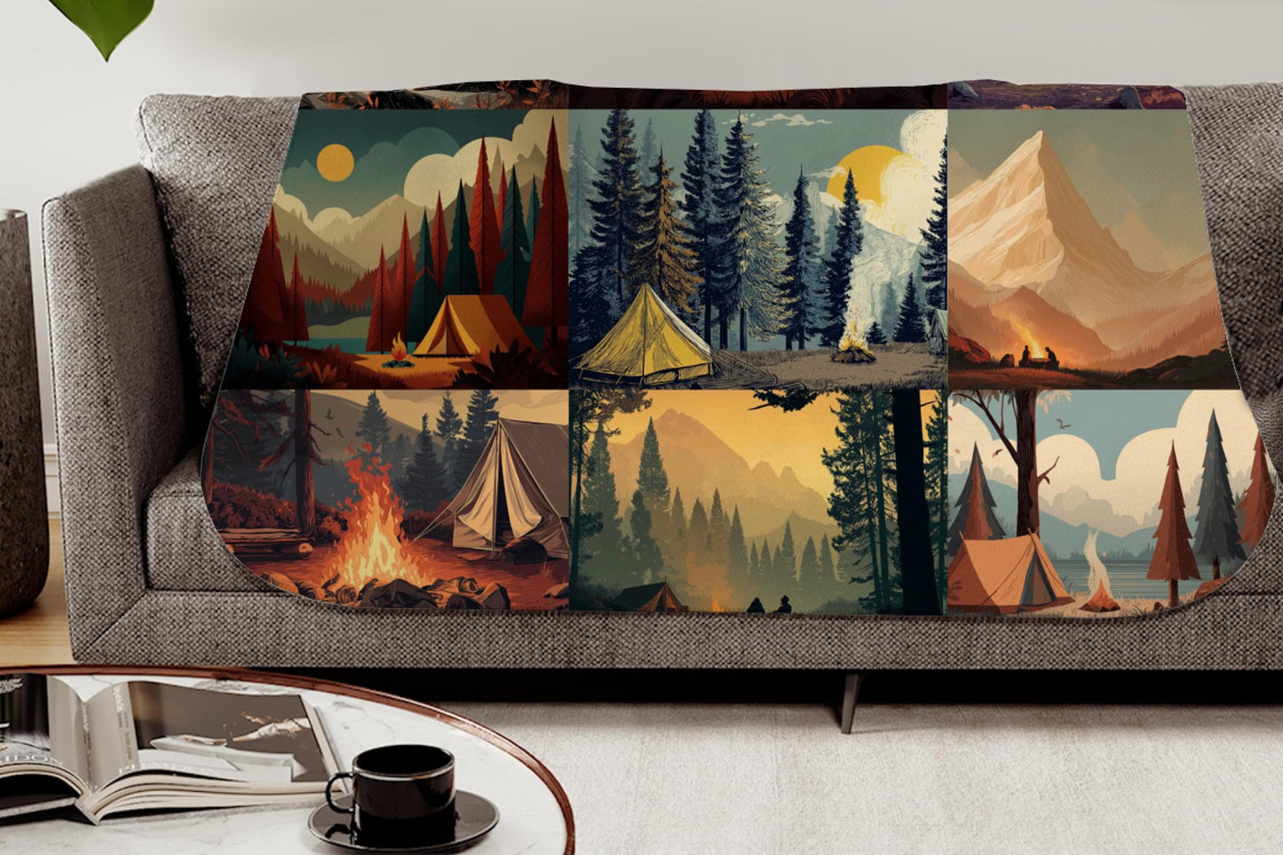 Sherpa Throw Blanket - Boho Camping Collage Outdoorsy Design- Soft Plush Throw Blanket-Jacobson Cottage
