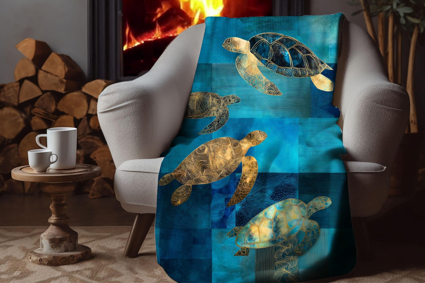 Sherpa Throw Blanket - Nautical Teal and Blues Sea Turtles patchwork design - Soft Plush Throw Blanket-Jacobson Cottage