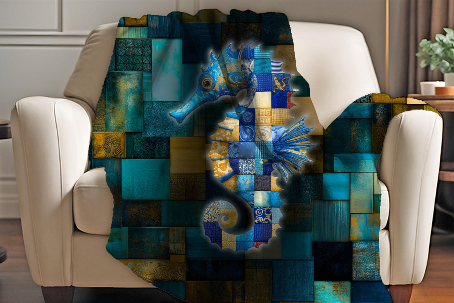 Sherpa Throw Blanket - Nautical Seahorse Blue Teal Patchwork Print Pattern Design - Soft Plush Throw Blanket-Jacobson Cottage