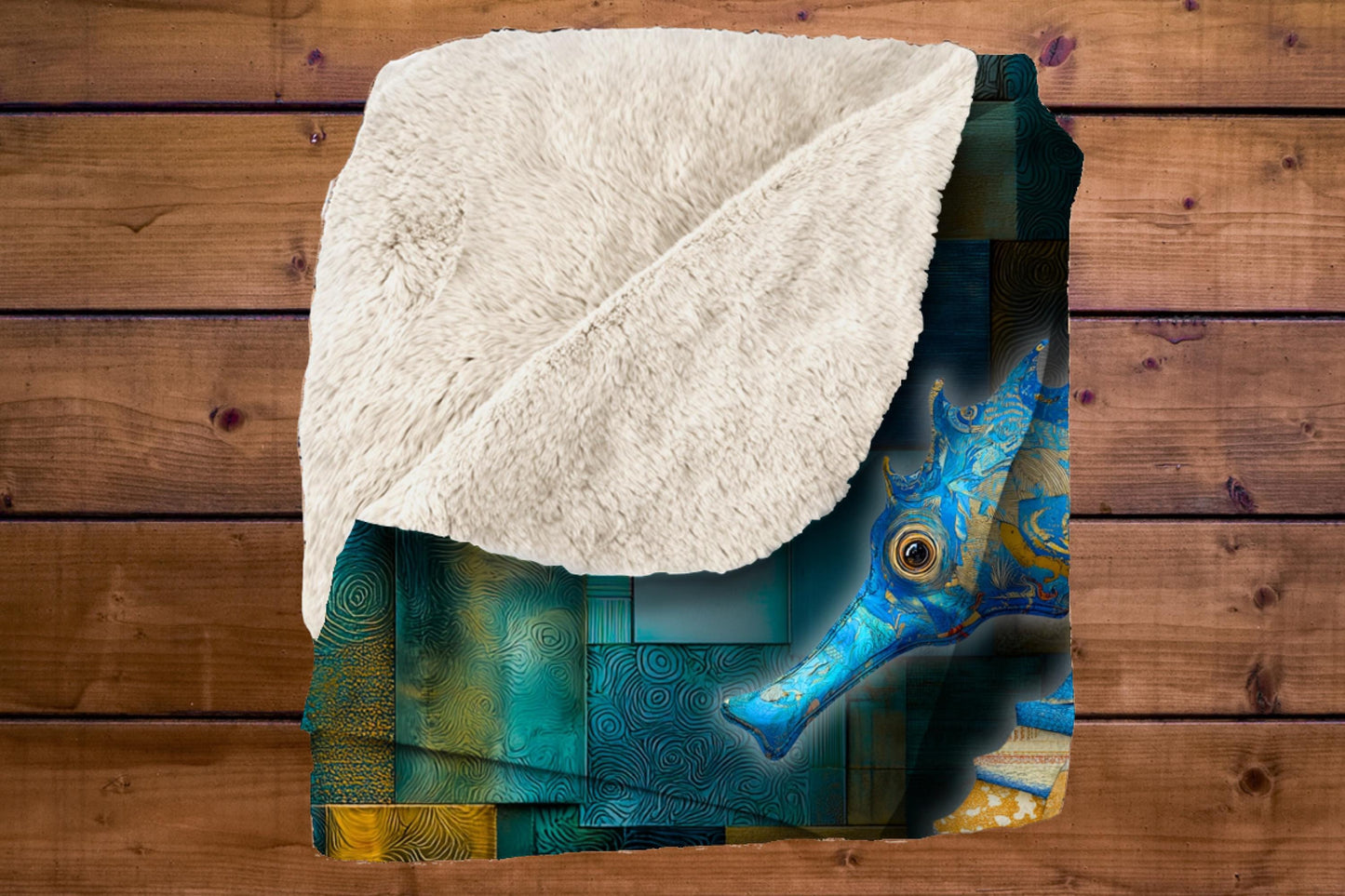 Sherpa Throw Blanket - Nautical Seahorse Blue Teal Patchwork Print Pattern Design - Soft Plush Throw Blanket-Jacobson Cottage