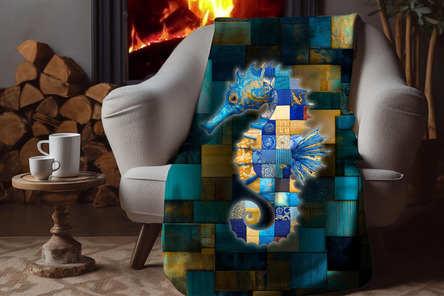 Sherpa Throw Blanket - Nautical Seahorse Blue Teal Patchwork Print Pattern Design - Soft Plush Throw Blanket-Jacobson Cottage
