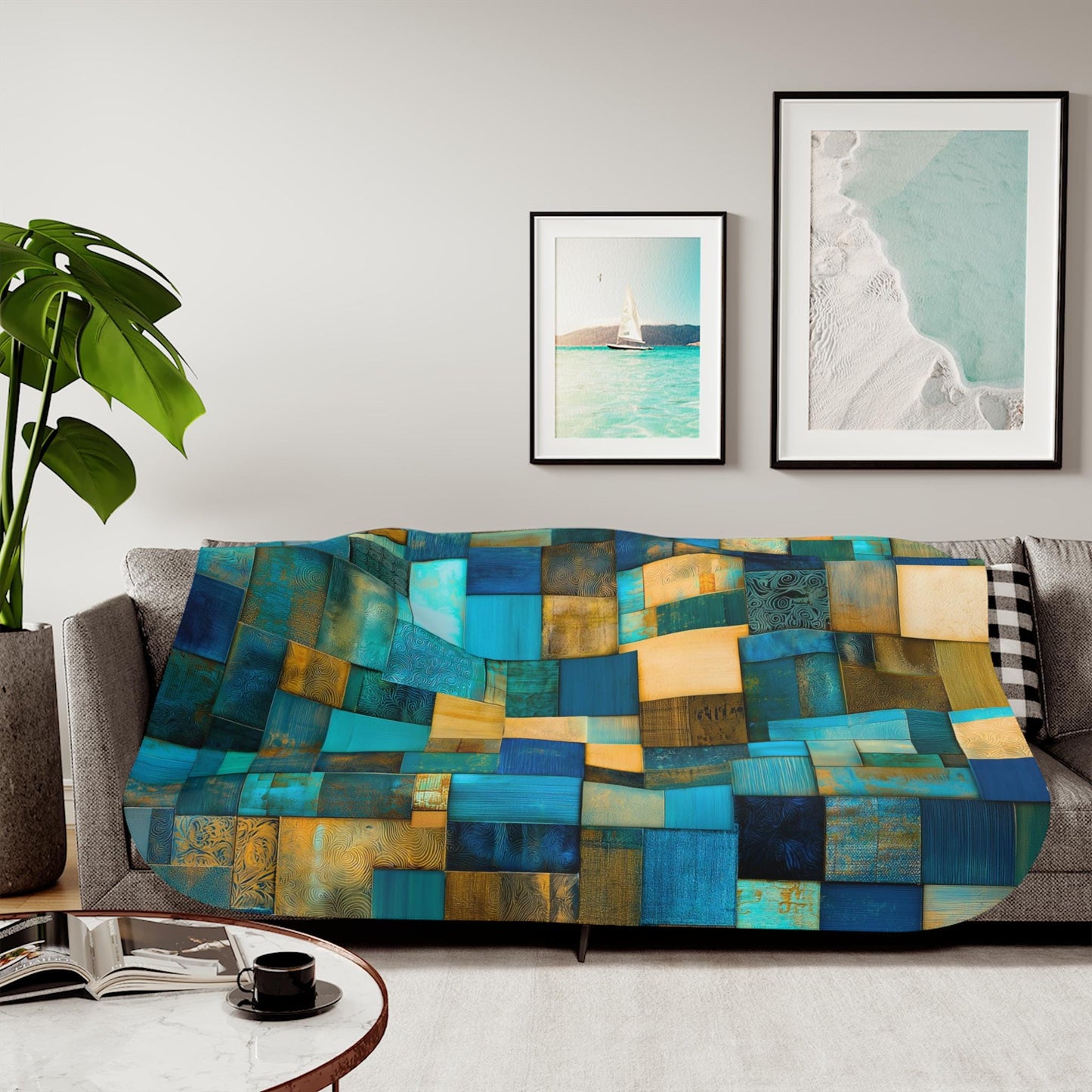 Sherpa Throw Blanket - Blue Teal Patchwork Quilt-print Pattern Design with Gold Accents - Soft Plush Throw Blanket-Jacobson Cottage