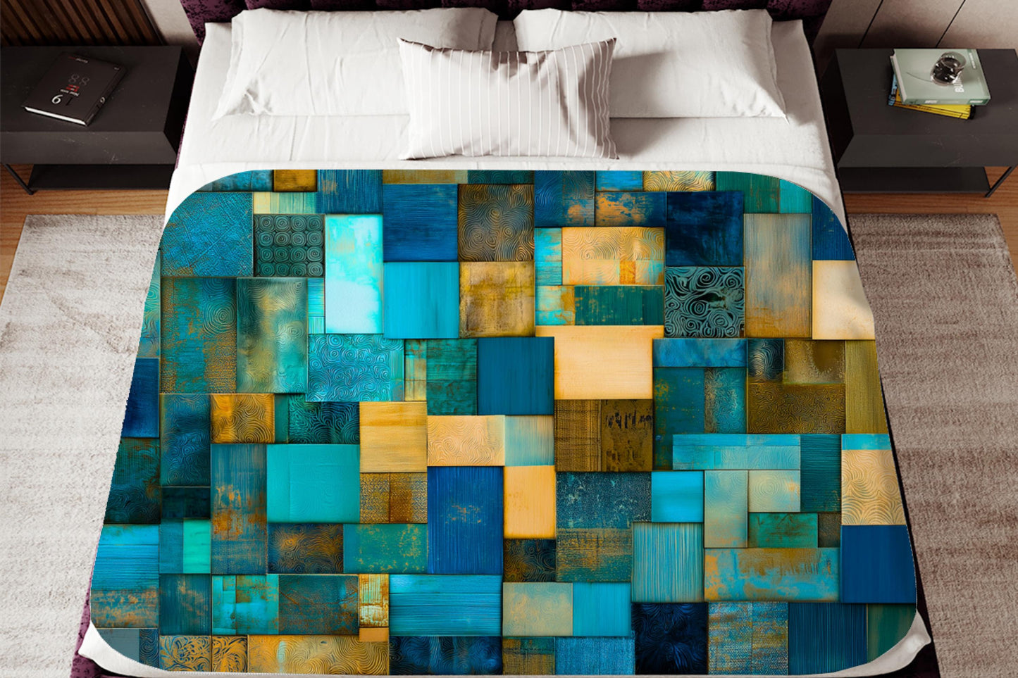 Sherpa Throw Blanket - Blue Teal Patchwork Quilt-print Pattern Design with Gold Accents - Soft Plush Throw Blanket-Jacobson Cottage