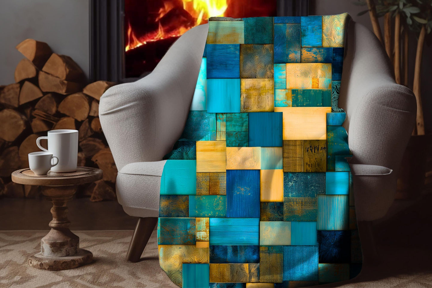 Sherpa Throw Blanket - Blue Teal Patchwork Quilt-print Pattern Design with Gold Accents - Soft Plush Throw Blanket-Jacobson Cottage