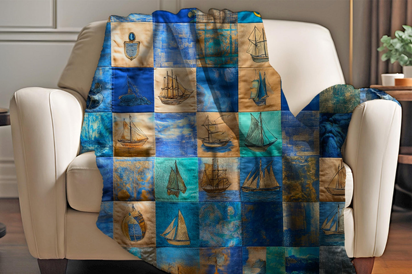 Sherpa Throw Blanket - Nautical Patchwork Print with Sailboats and Anchors - Soft Plush Throw Blanket-Jacobson Cottage