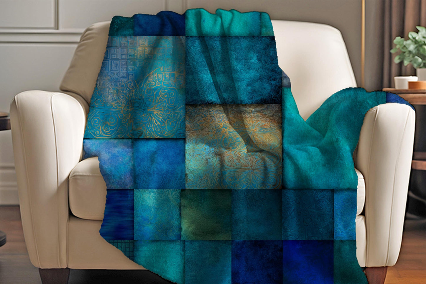 Sherpa Throw Blanket - Blue Teal Patchwork Quilt-print Pattern Design - Soft Plush Throw Blanket-Jacobson Cottage