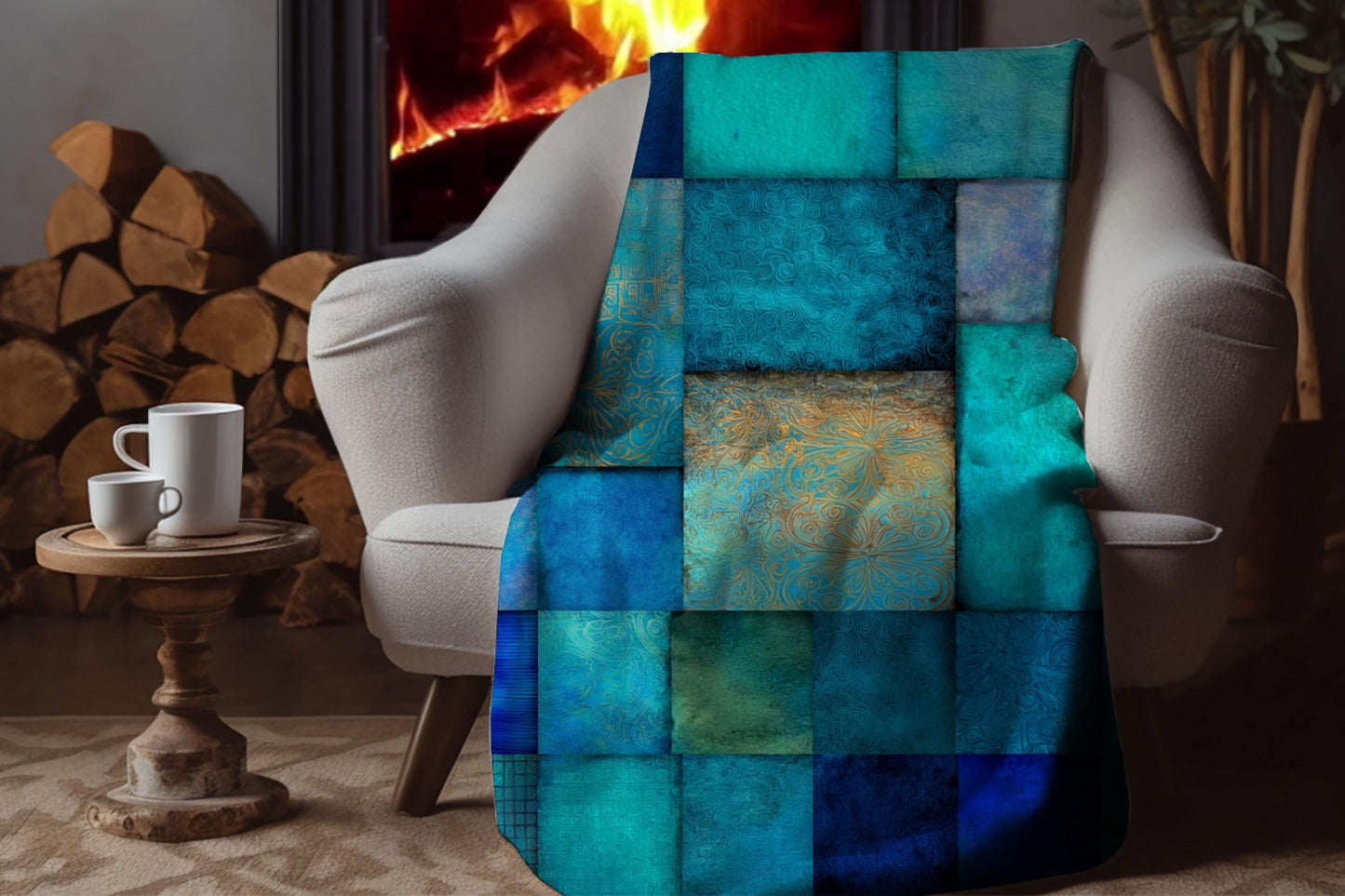 Sherpa Throw Blanket - Blue Teal Patchwork Quilt-print Pattern Design - Soft Plush Throw Blanket-Jacobson Cottage