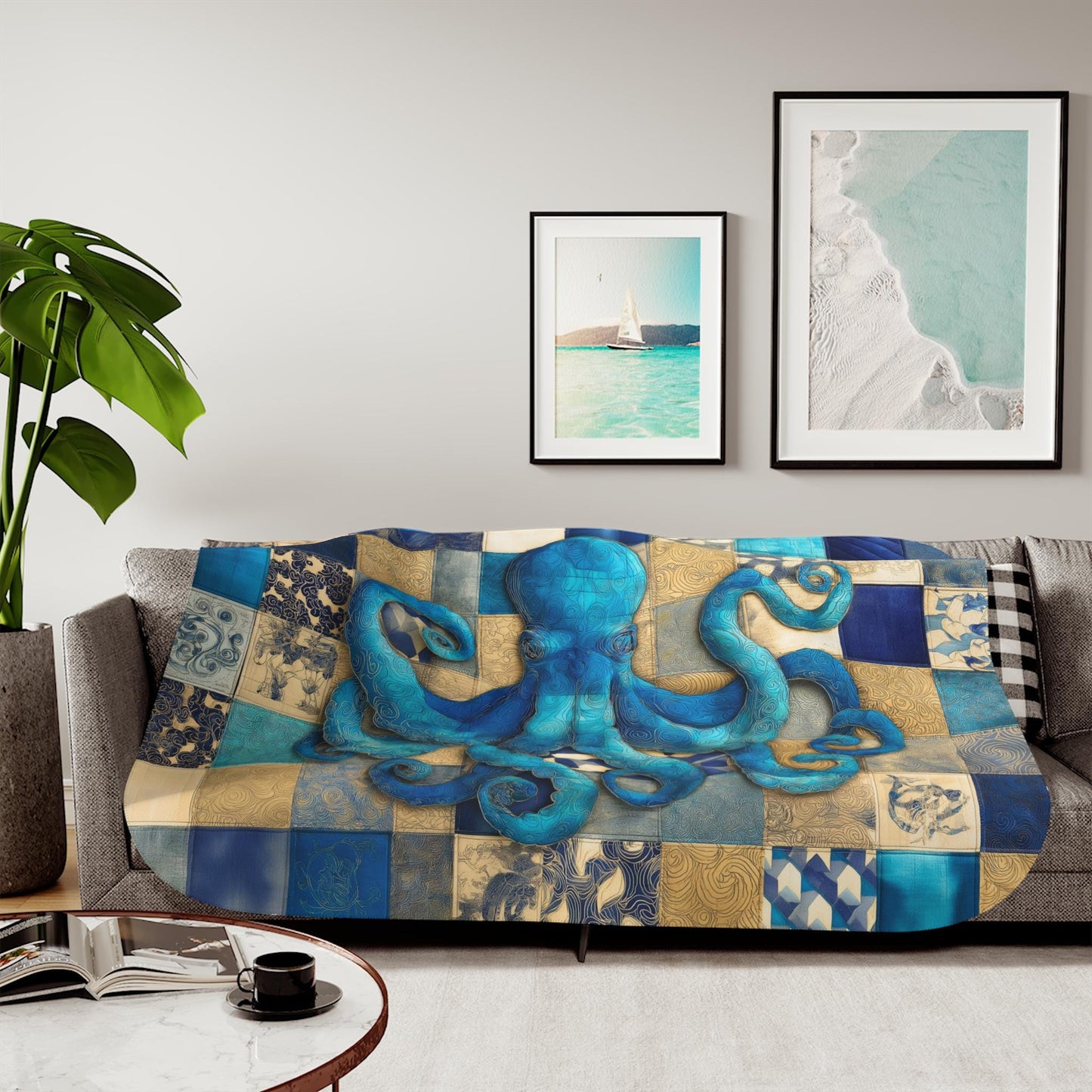 Sherpa Throw Blanket - Nautical Octopus Blue Teal Patchwork Print Pattern Design - Soft Plush Throw Blanket-Jacobson Cottage