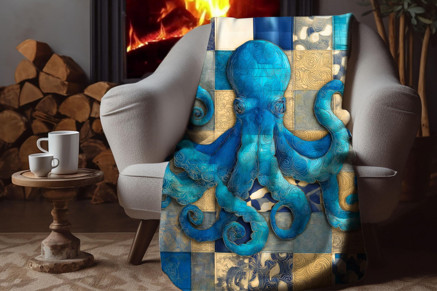 Sherpa Throw Blanket - Nautical Octopus Blue Teal Patchwork Print Pattern Design - Soft Plush Throw Blanket-Jacobson Cottage