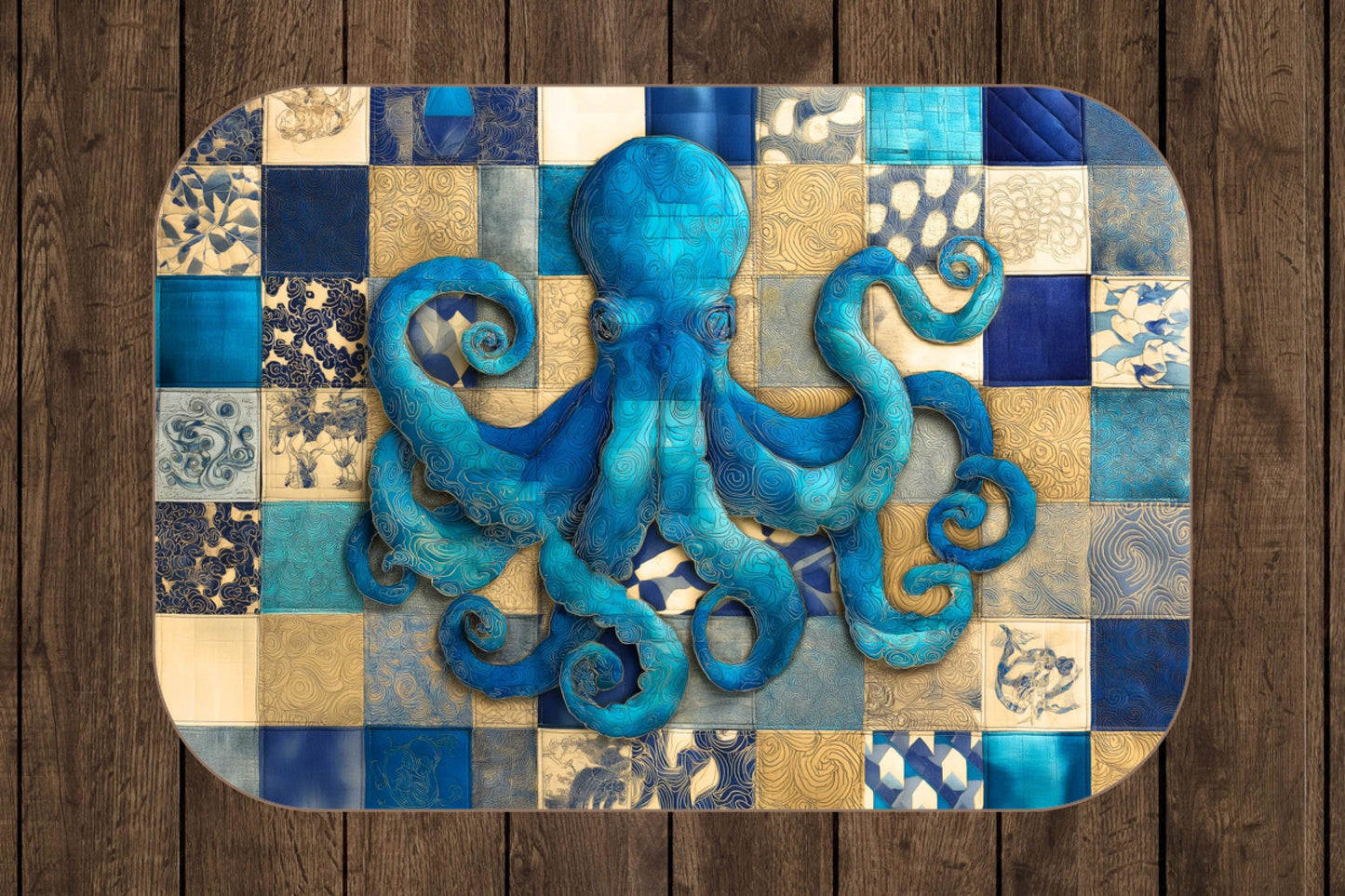 Sherpa Throw Blanket - Nautical Octopus Blue Teal Patchwork Print Pattern Design - Soft Plush Throw Blanket-Jacobson Cottage
