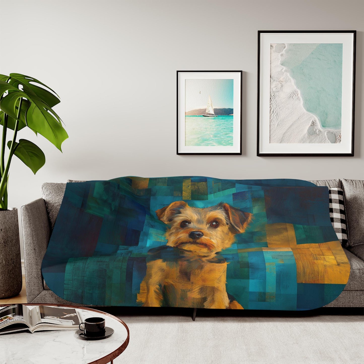 Sherpa Throw Blanket - Yorkshire Terrier Painting with Teal Background - Soft Plush Throw Blanket-Jacobson Cottage