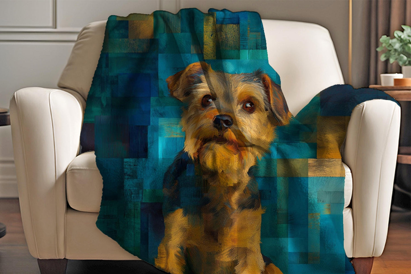 Sherpa Throw Blanket - Yorkshire Terrier Painting with Teal Background - Soft Plush Throw Blanket-Jacobson Cottage
