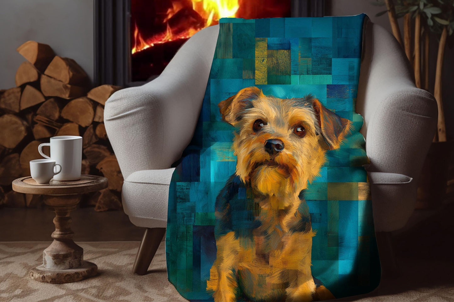 Sherpa Throw Blanket - Yorkshire Terrier Painting with Teal Background - Soft Plush Throw Blanket-Jacobson Cottage