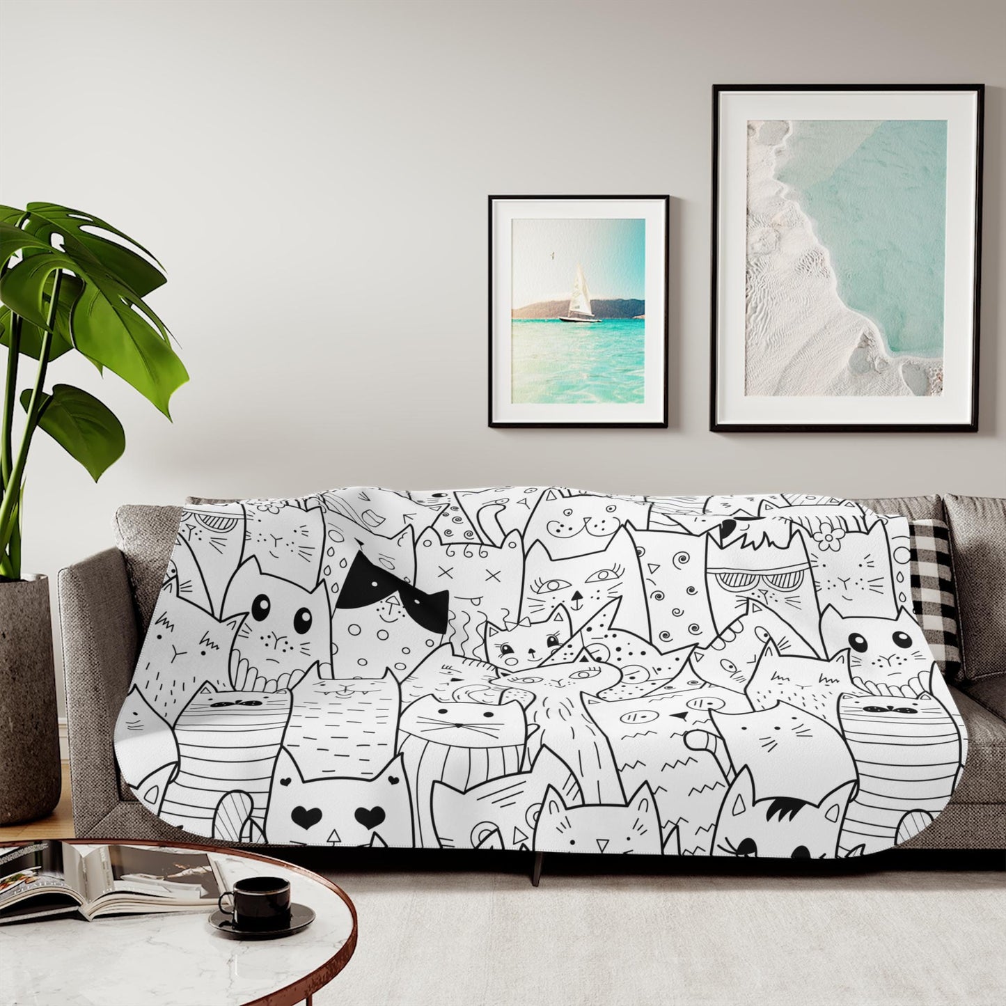 Sherpa Throw Blanket - Black and White Comic Cats - Soft Plush Throw Blanket-Jacobson Cottage