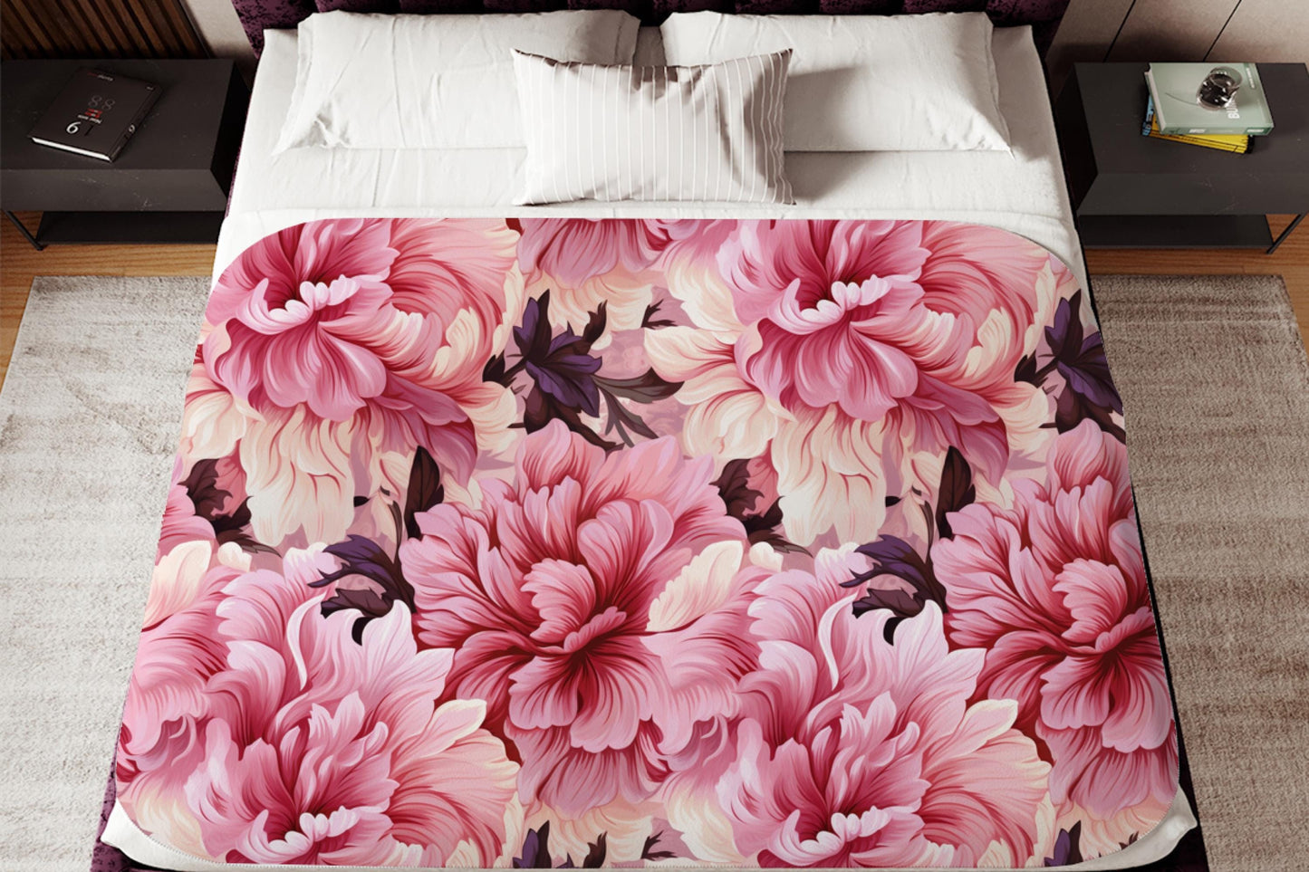 Sherpa Throw Blanket - Large Pink Flower Pattern Romantic Floral - Soft Plush Throw Blanket-Jacobson Cottage