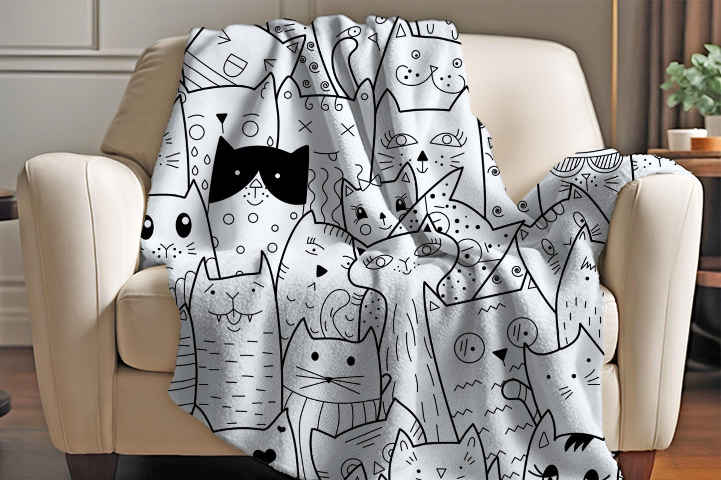 Sherpa Throw Blanket - Black and White Comic Cats - Soft Plush Throw Blanket-Jacobson Cottage