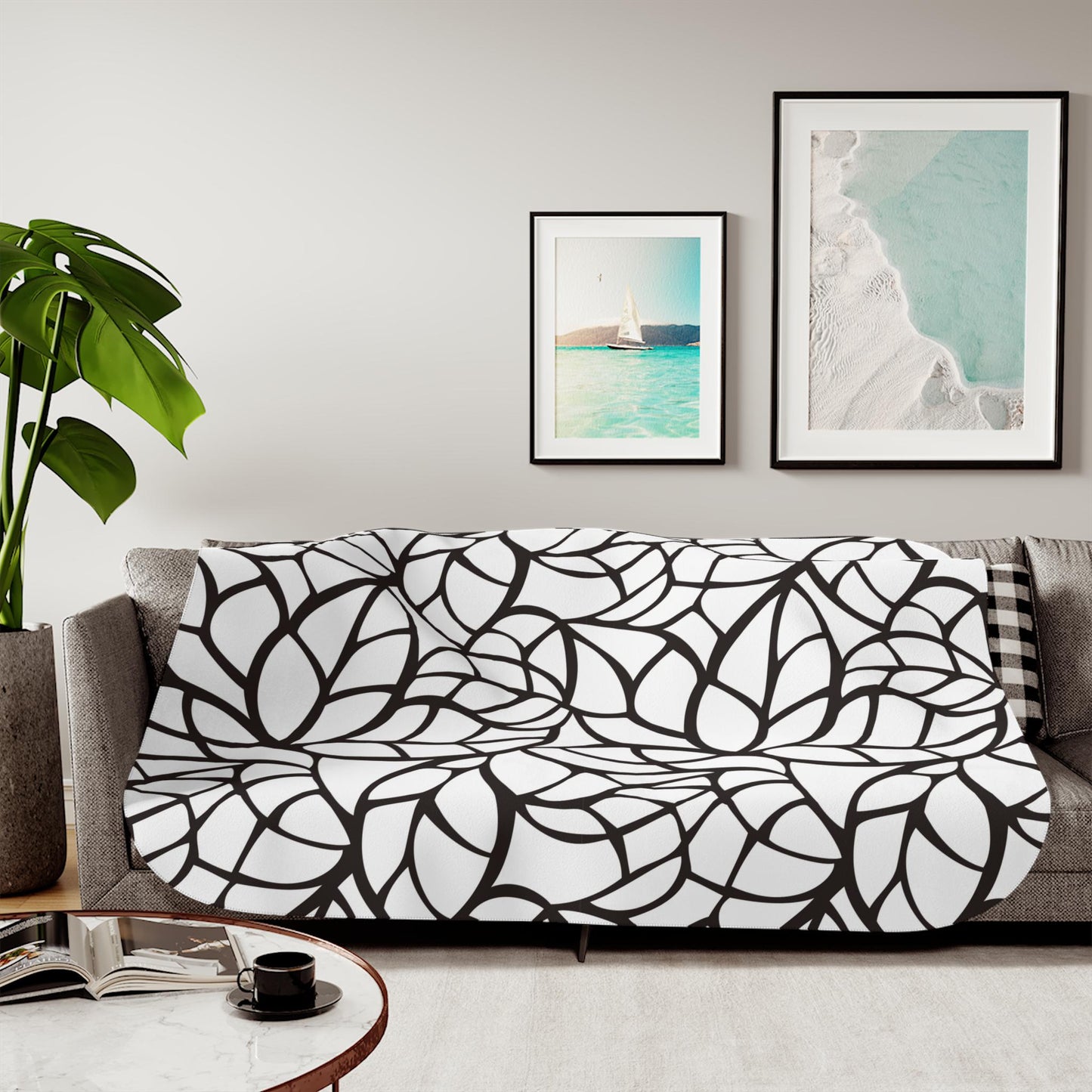 Sherpa Throw Blanket - Black and White Abstract Leaf Pattern - Soft Plush Throw Blanket-Jacobson Cottage