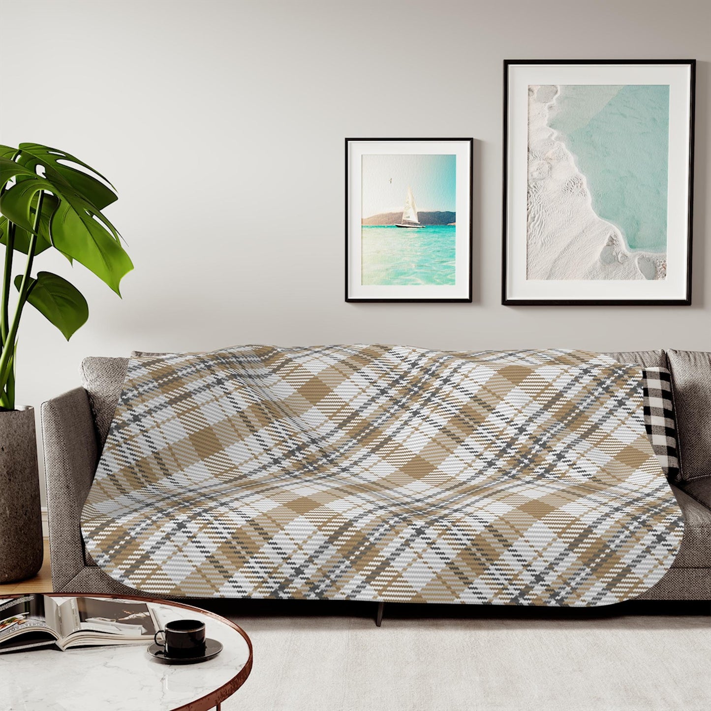 Sherpa Throw Blanket - Beige and Gray Woven Plaid Tartan Pattern - Soft Plush Throw Blanket-Jacobson Cottage