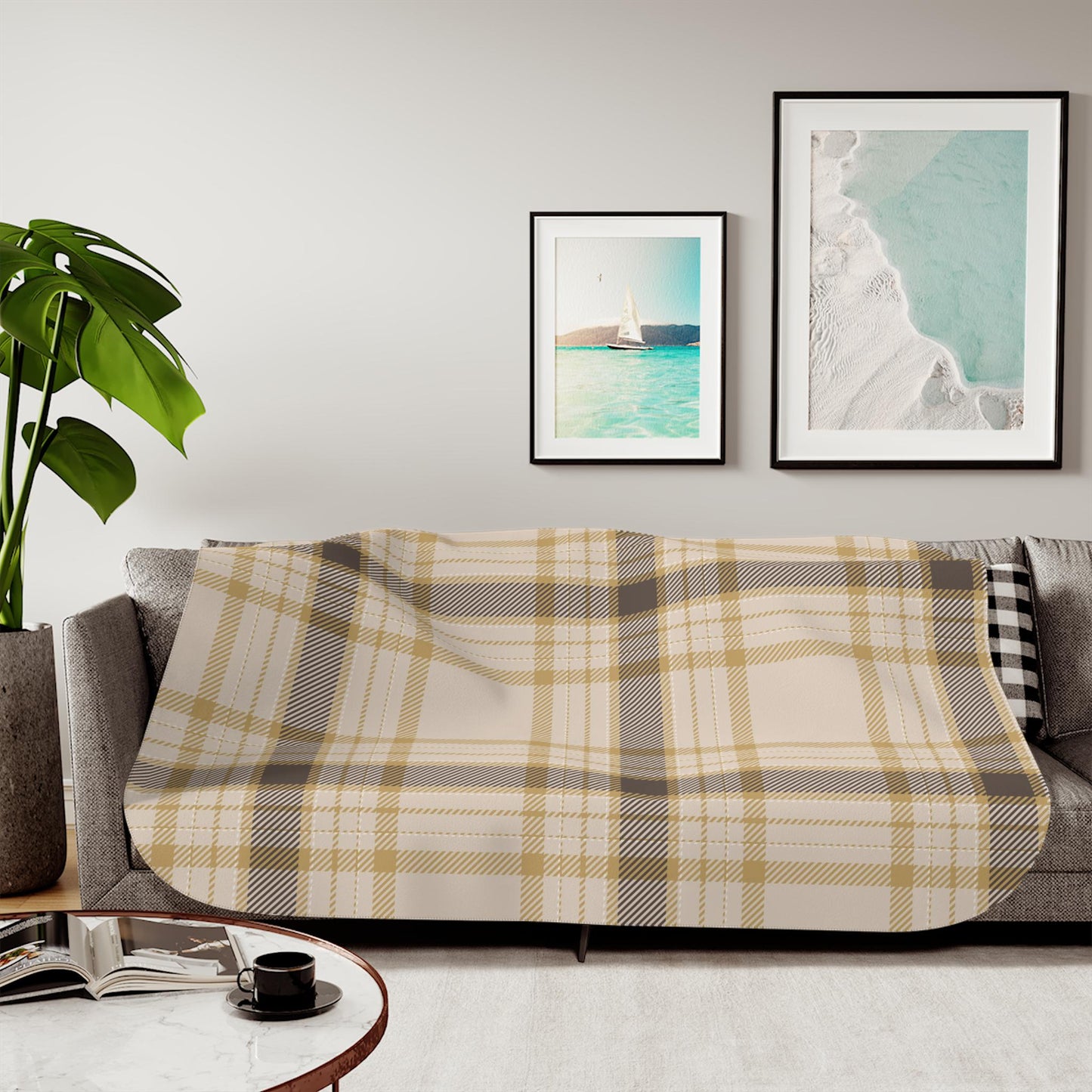 Sherpa Throw Blanket - Beige and Brown Plaid Tartan Pattern - Soft Plush Throw Blanket-Jacobson Cottage