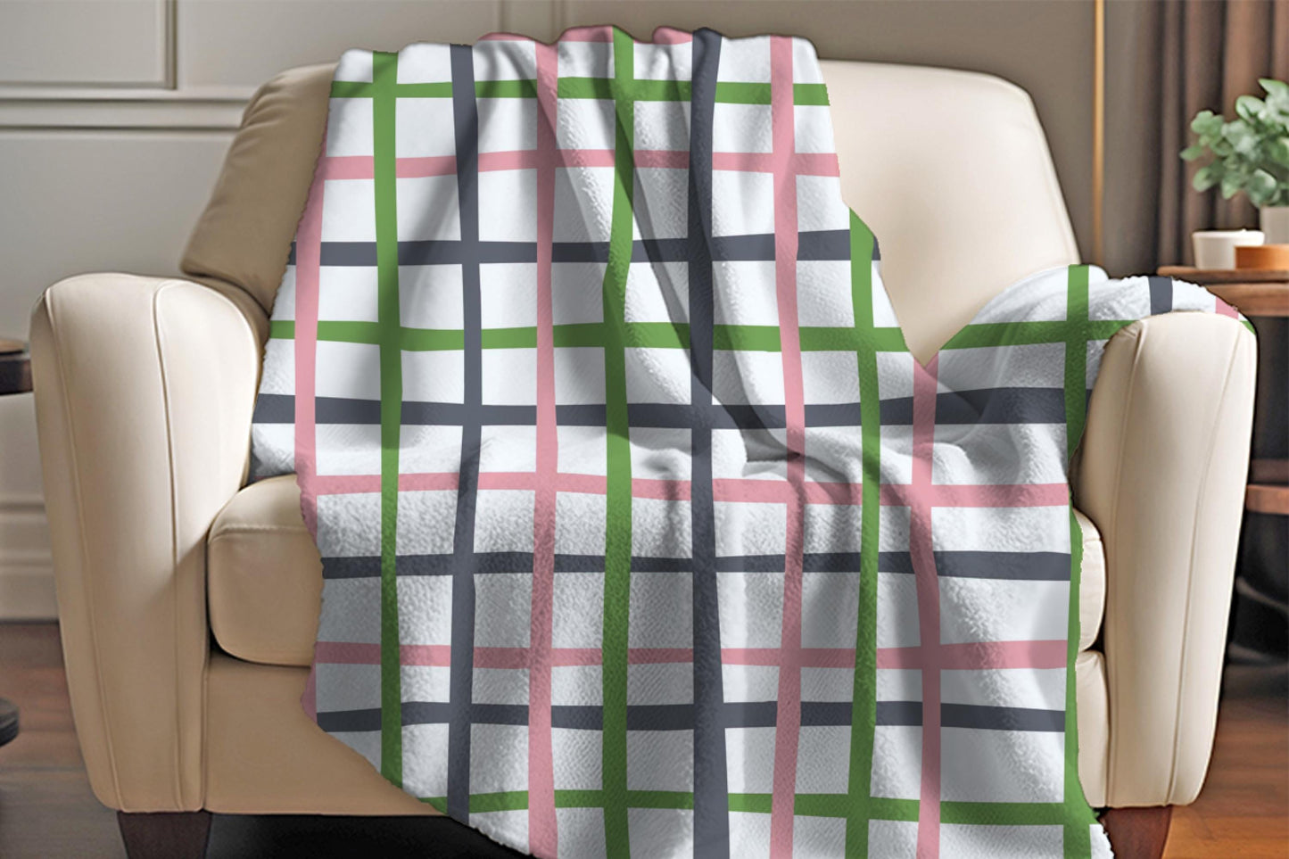Sherpa Throw Blanket - Pink Green Gray Plaid Checkered Pattern - Soft Plush Throw Blanket-Jacobson Cottage