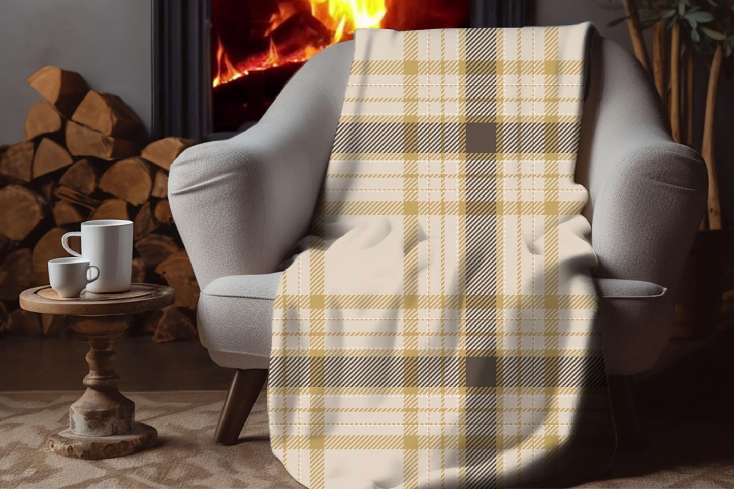 Sherpa Throw Blanket - Beige and Brown Plaid Tartan Pattern - Soft Plush Throw Blanket-Jacobson Cottage