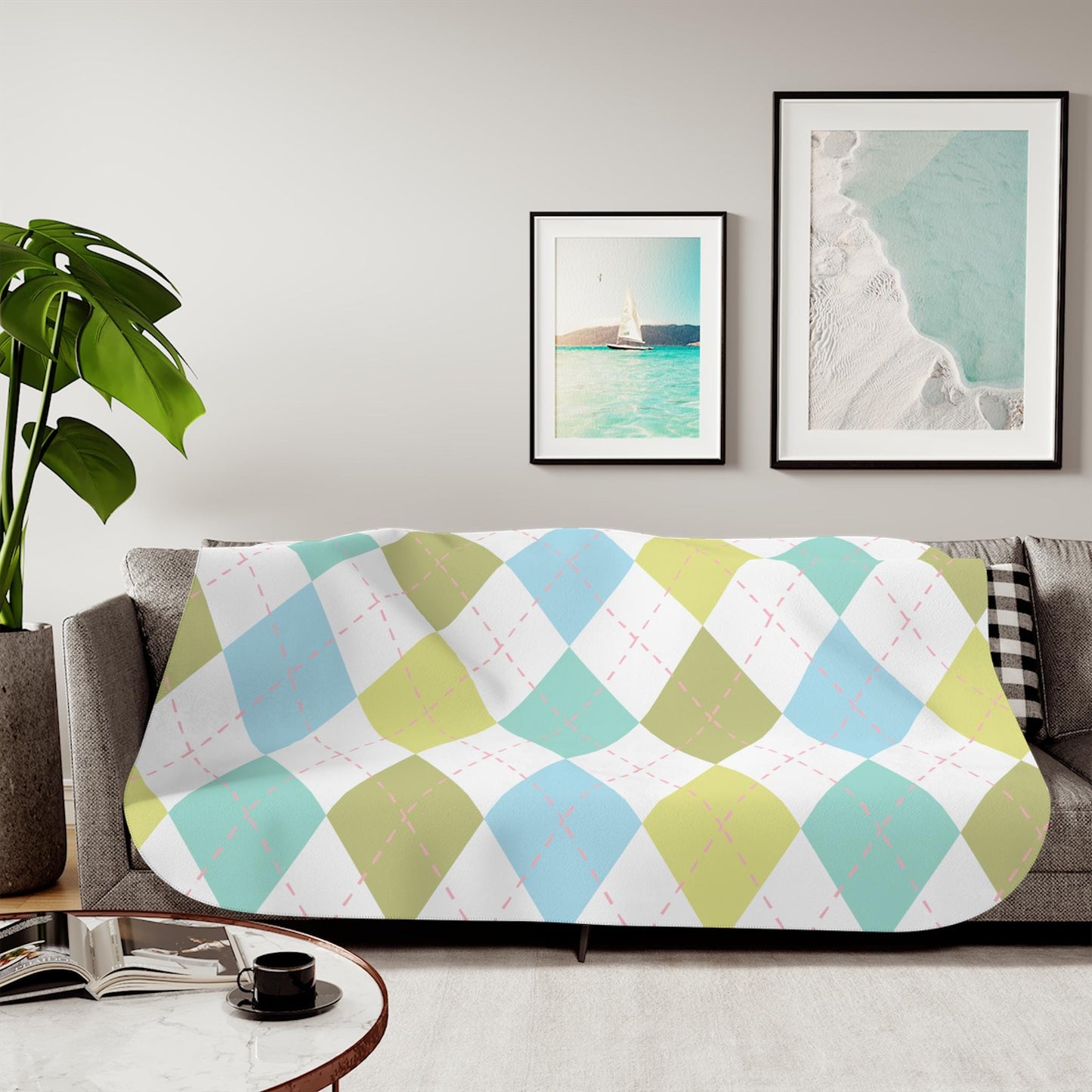 Sherpa Throw Blanket - Pastel Argyle Diamond Pattern - Soft Plush Throw Blanket-Jacobson Cottage
