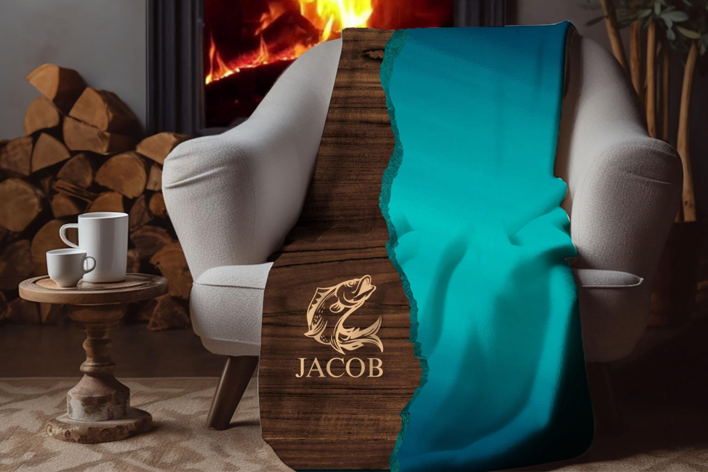 Sherpa Throw Blanket - Custom Name Fishing Design - Soft Plush Throw Blanket-Jacobson Cottage