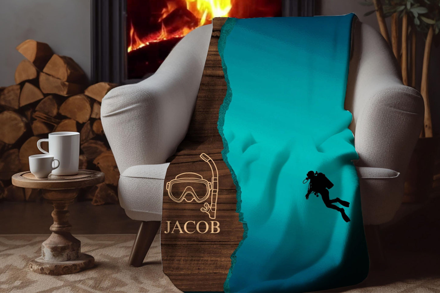 Sherpa Throw Blanket - Custom Name Scuba Diving Design - Soft Plush Throw Blanket-Jacobson Cottage