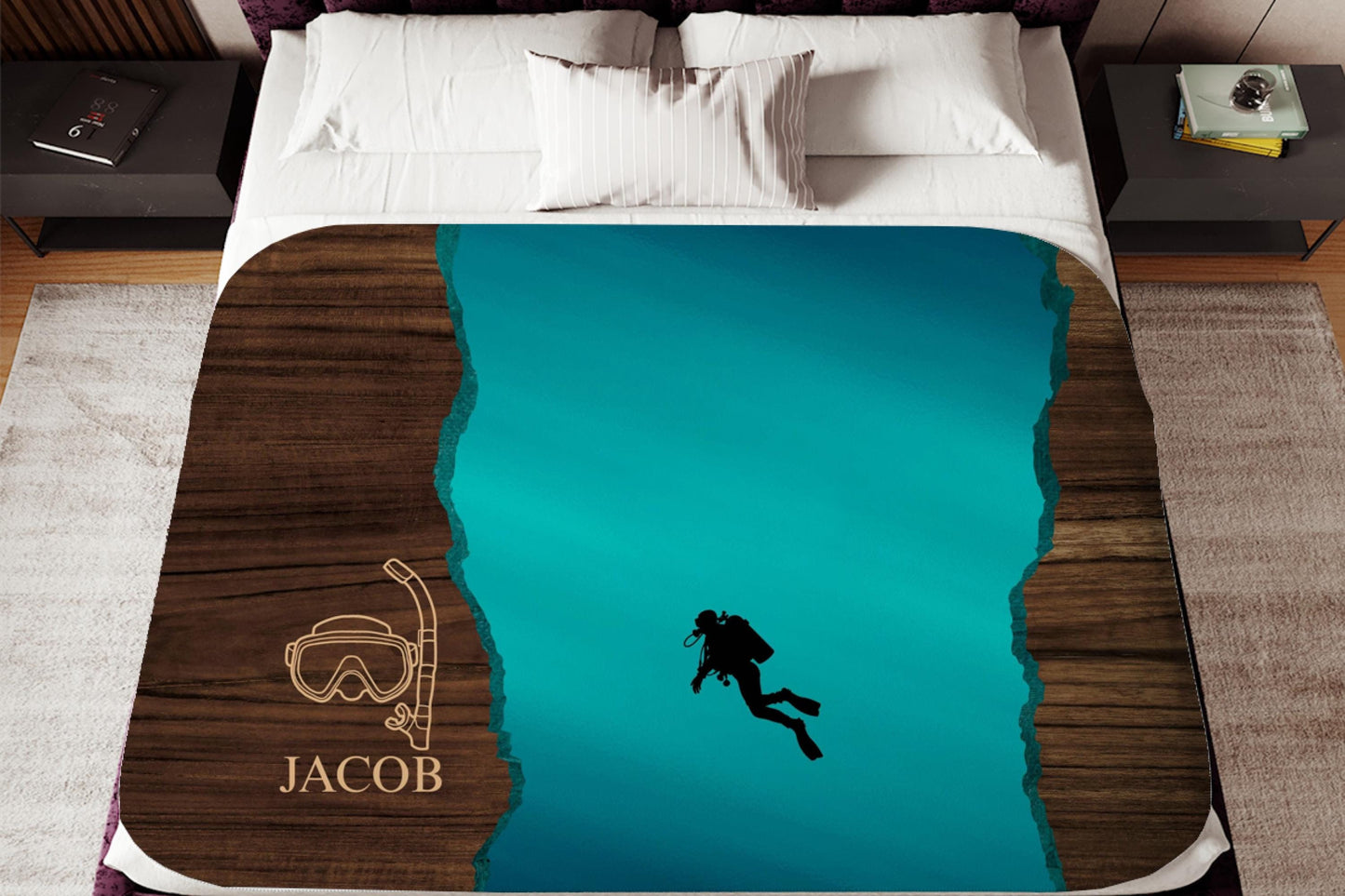 Sherpa Throw Blanket - Custom Name Scuba Diving Design - Soft Plush Throw Blanket-Jacobson Cottage