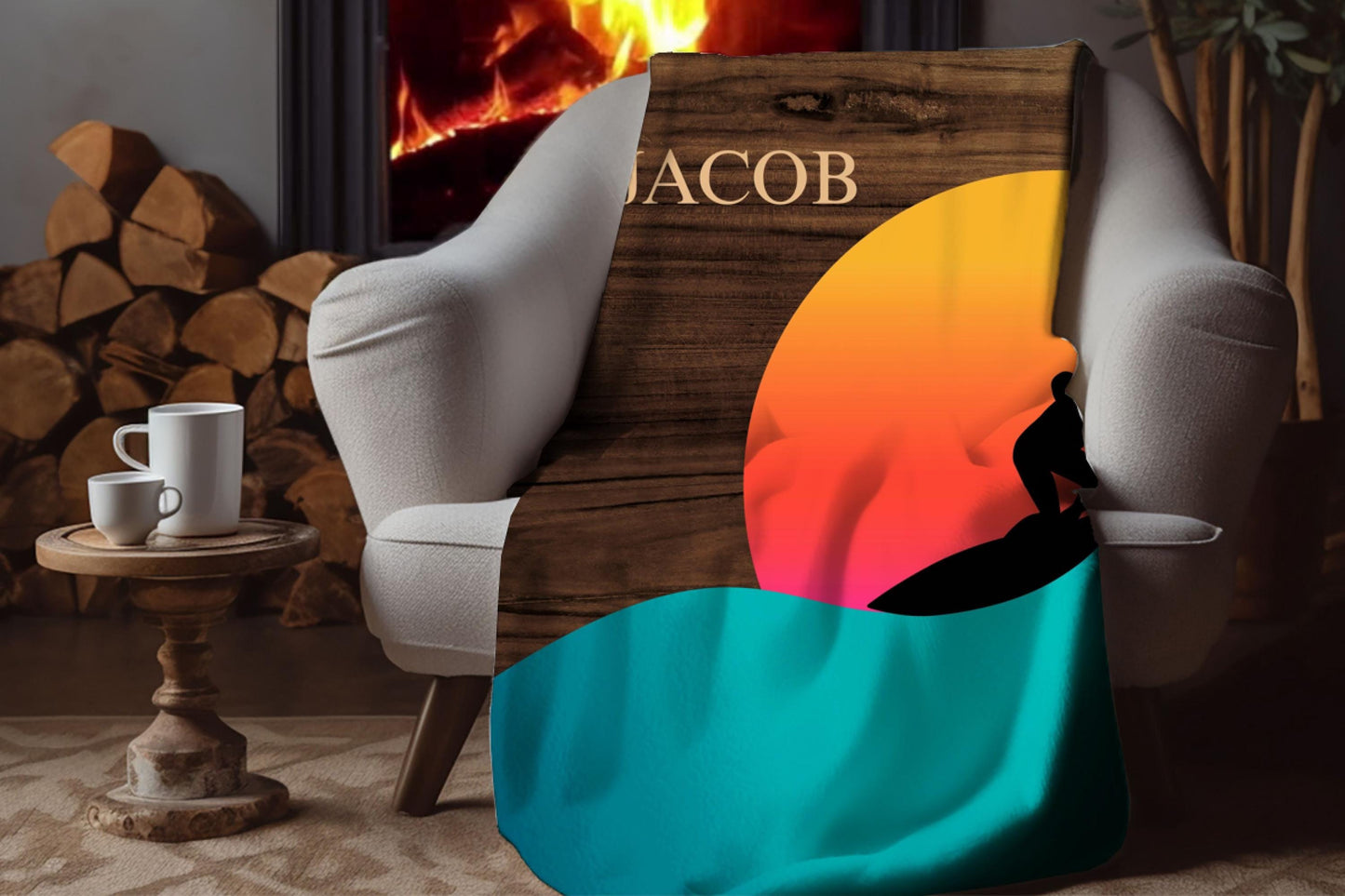 Sherpa Throw Blanket - Custom Name Surfer in Sunset - Soft Plush Throw Blanket-Jacobson Cottage