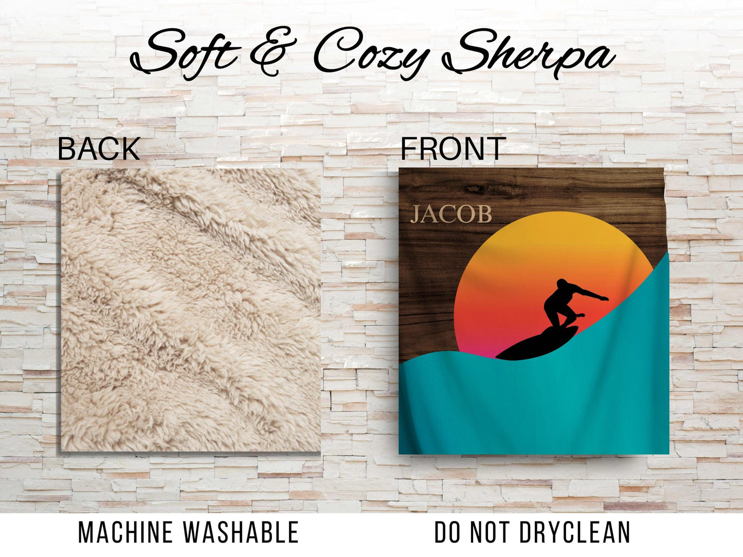 Sherpa Throw Blanket - Custom Name Surfer in Sunset - Soft Plush Throw Blanket-Jacobson Cottage