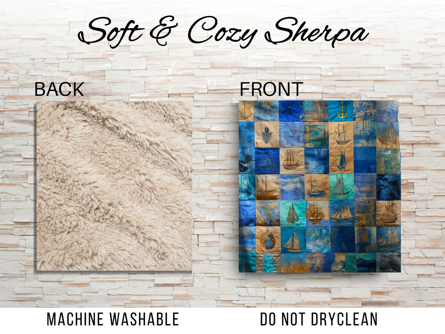 Sherpa Throw Blanket - Nautical Patchwork Print with Sailboats and Anchors - Soft Plush Throw Blanket-Jacobson Cottage