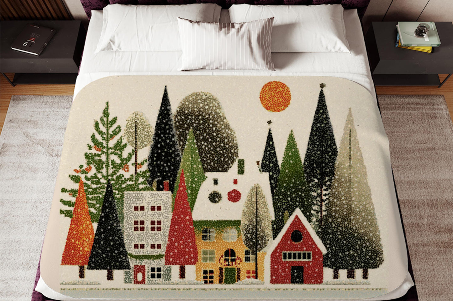 Sherpa Throw Blanket - Christmas Village Design - Soft Plush Throw Blanket-Jacobson Cottage