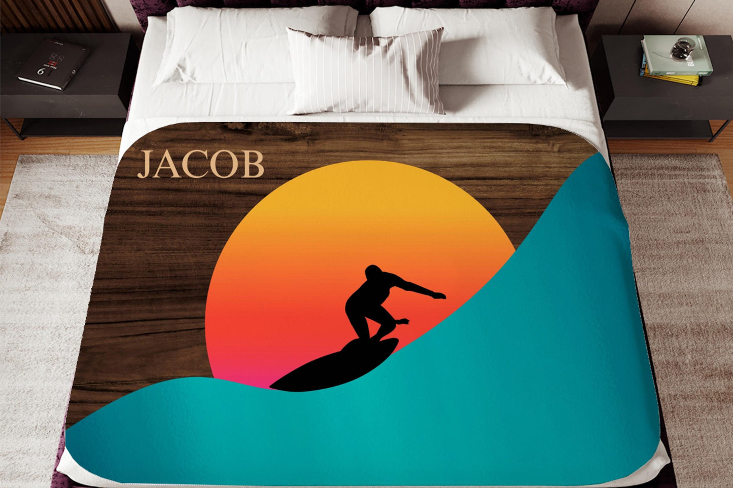 Sherpa Throw Blanket - Custom Name Surfer in Sunset - Soft Plush Throw Blanket-Jacobson Cottage