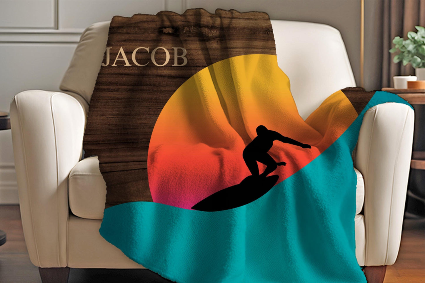 Sherpa Throw Blanket - Custom Name Surfer in Sunset - Soft Plush Throw Blanket-Jacobson Cottage