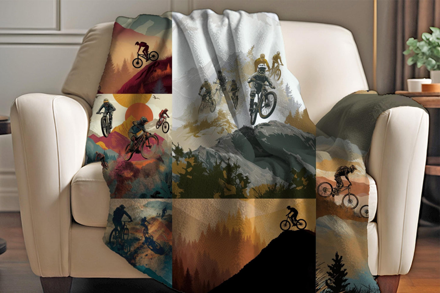 Sherpa Throw Blanket - Mountain Bike Collage Design - Soft Plush Throw Blanket-Jacobson Cottage