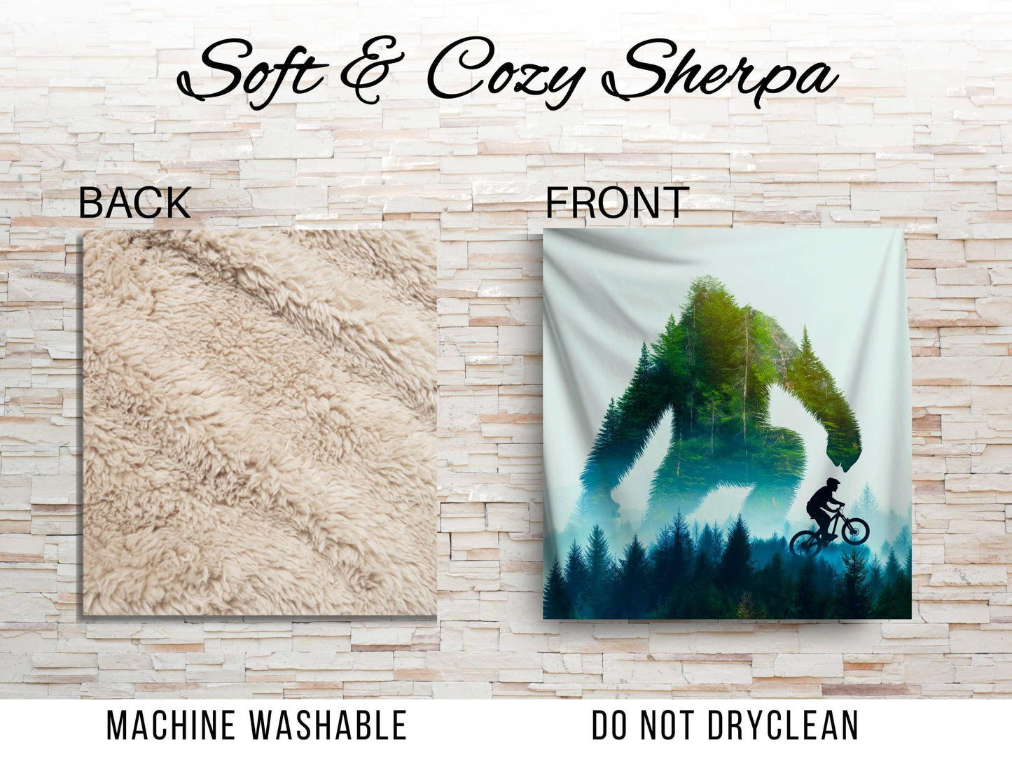 Sherpa Throw Blanket - Sasquatch Monster Mountain Biking in the woods - Soft Plush Throw Blanket-Jacobson Cottage