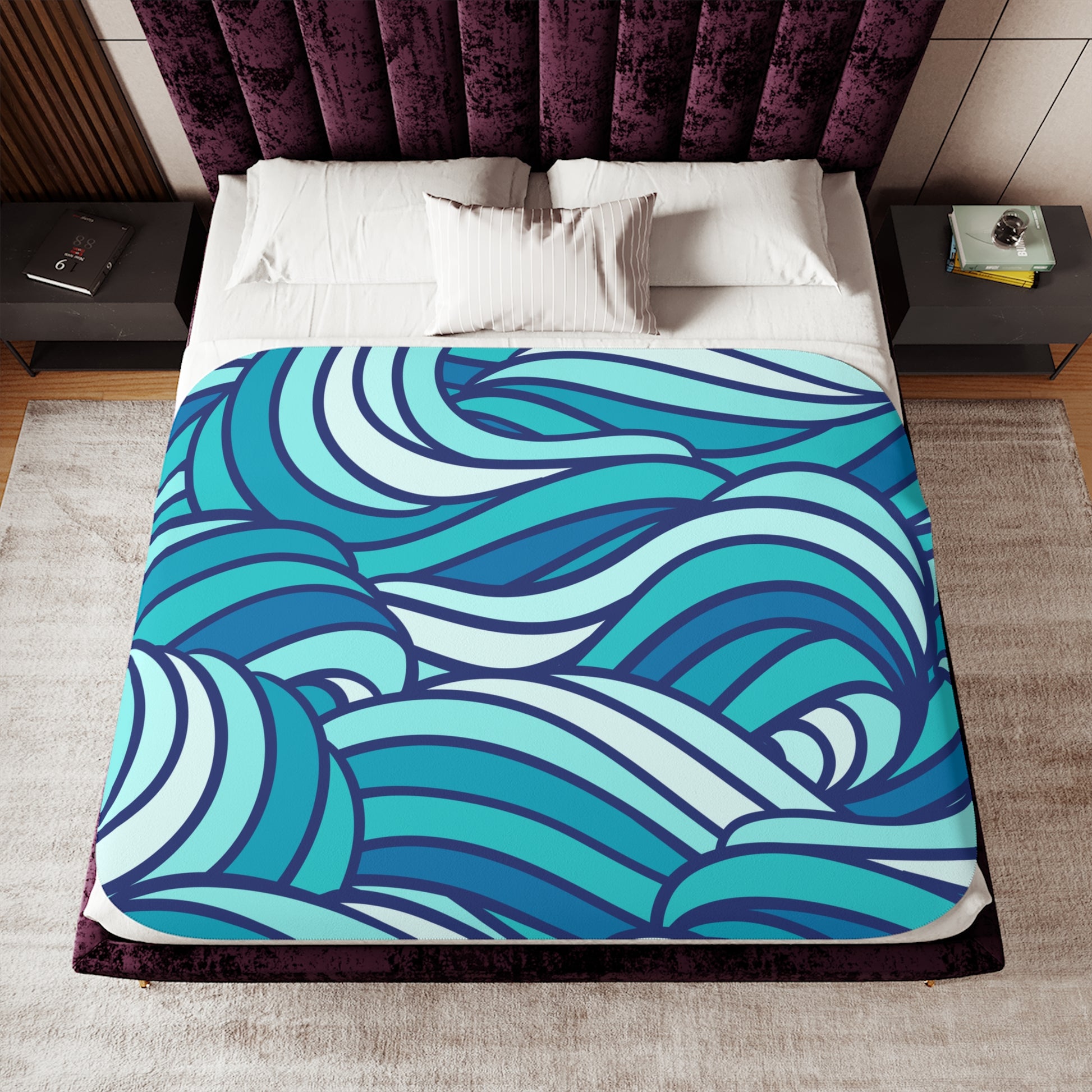 Ocean Waves Sherpa Throw Abstract Blue Sherpa Throw Blanket Custom Cozy Winter Gift for Beach Lovers Coastal Vibes Water Pattern Decor-Jacobson Cottage
