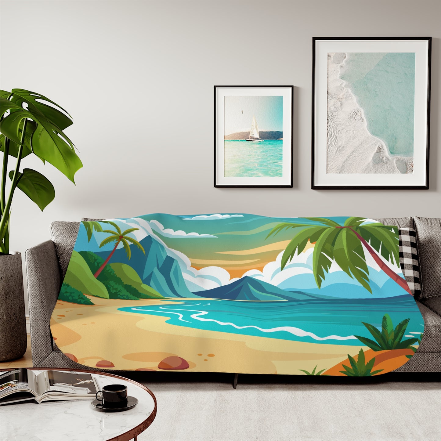 Sherpa Throw Blanket - Tropical Beach and Palm Trees - Soft Plush Throw Blanket-Jacobson Cottage