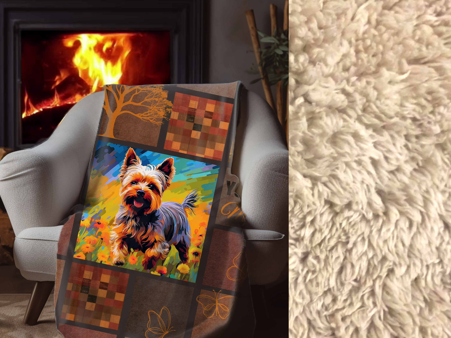 Sherpa Blanket, Cozy Yorkie Terrier Chasing Butterflies Puppy Printed Throw - Pet Lover Gift, Soft Plush Cover, Dog Mom Dorm Bedding, Warm
