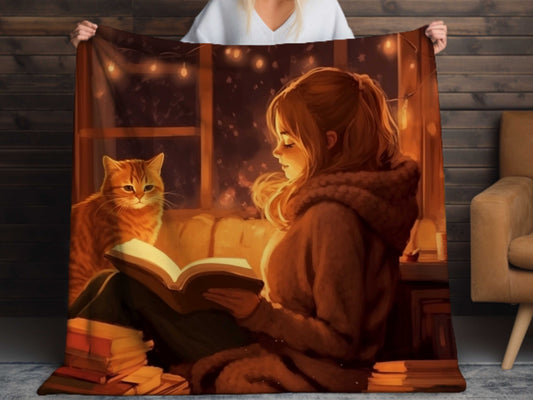 Sherpa Blanket, Young Lady Reading with Cat Illustration, Warm Amber Colors, Book and Cat Lovers Gift, Cat Mom Sherpa Throw, Cute
