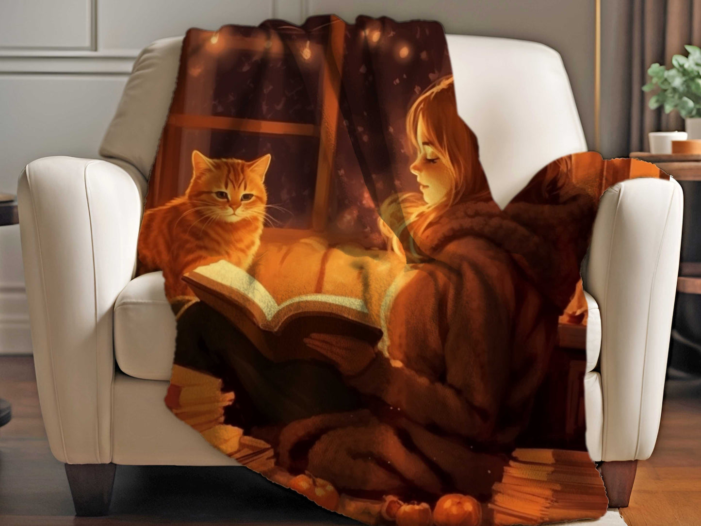 Sherpa Blanket, Young Lady Reading with Cat Illustration, Warm Amber Colors, Book and Cat Lovers Gift, Cat Mom Sherpa Throw, Cute