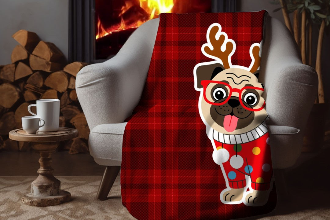 Sherpa Throw Blanket Christmas Pug Plaid Design Soft Plush Throw Blank-Home Decor-Jacobson Cottage