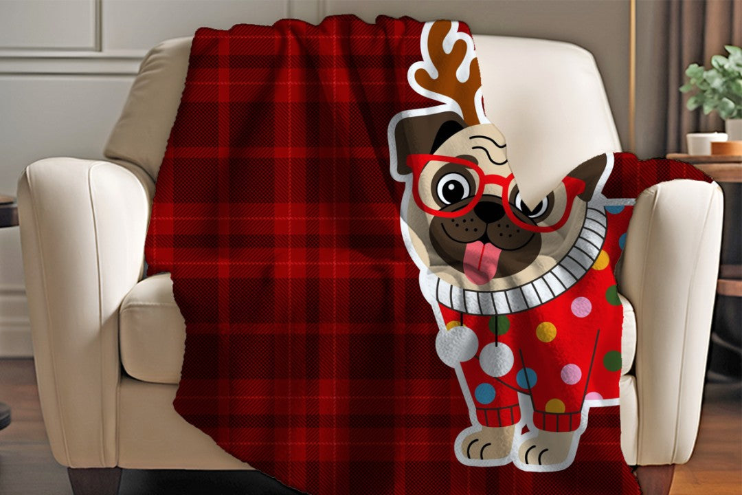 Sherpa Throw Blanket Christmas Pug Plaid Design Soft Plush Throw Blank-Home Decor-Jacobson Cottage