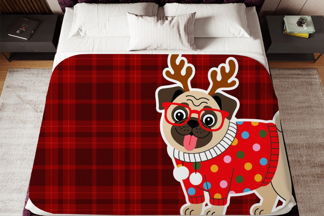 Sherpa Throw Blanket Christmas Pug Plaid Design Soft Plush Throw Blank-Home Decor-Jacobson Cottage